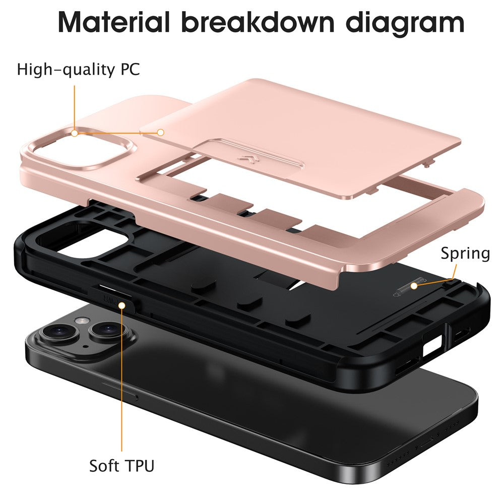 For iPhone 13  /  14 Case Slide Card Holder Military Drop Protection PC + TPU Phone Cover