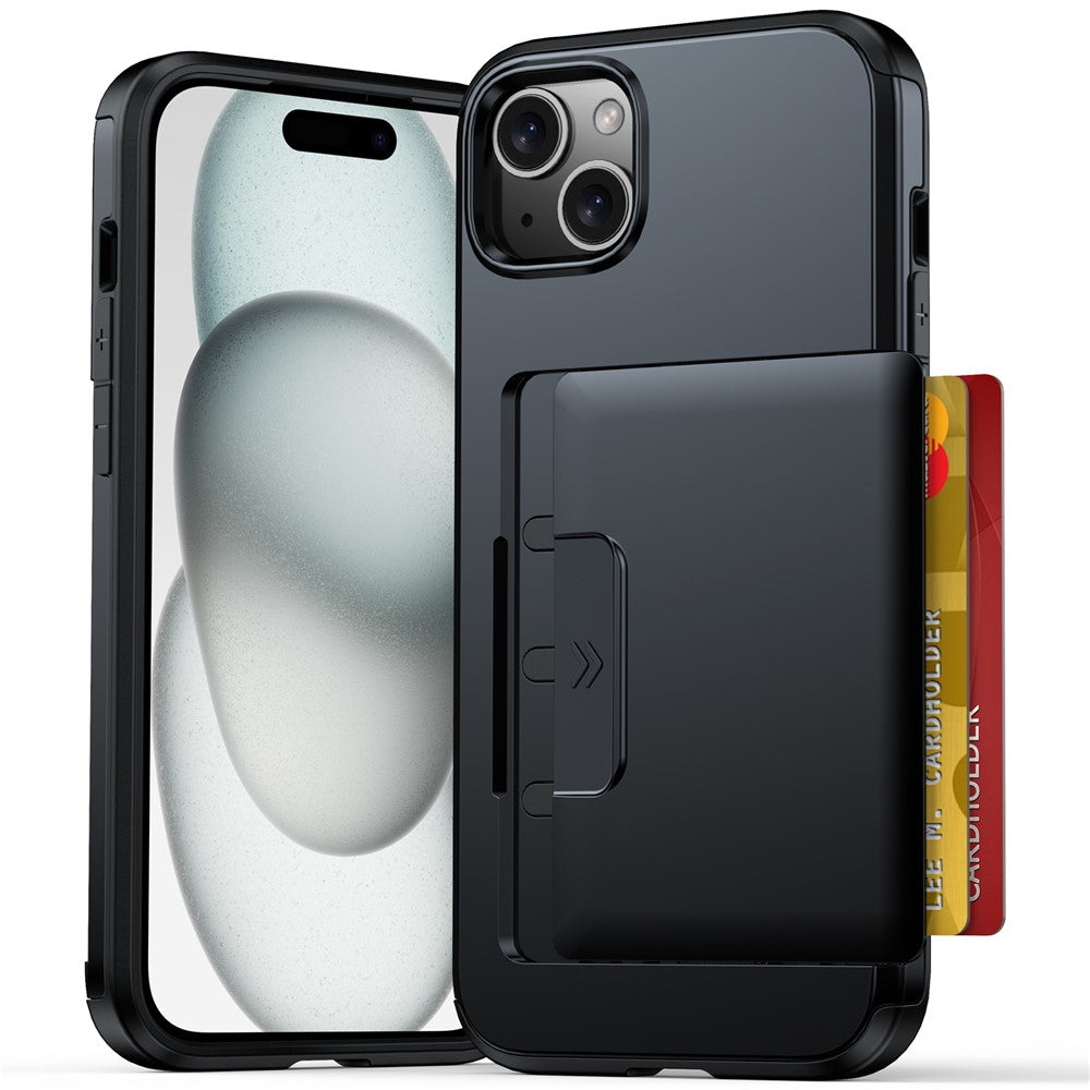 For iPhone 13  /  14 Case Slide Card Holder Military Drop Protection PC + TPU Phone Cover