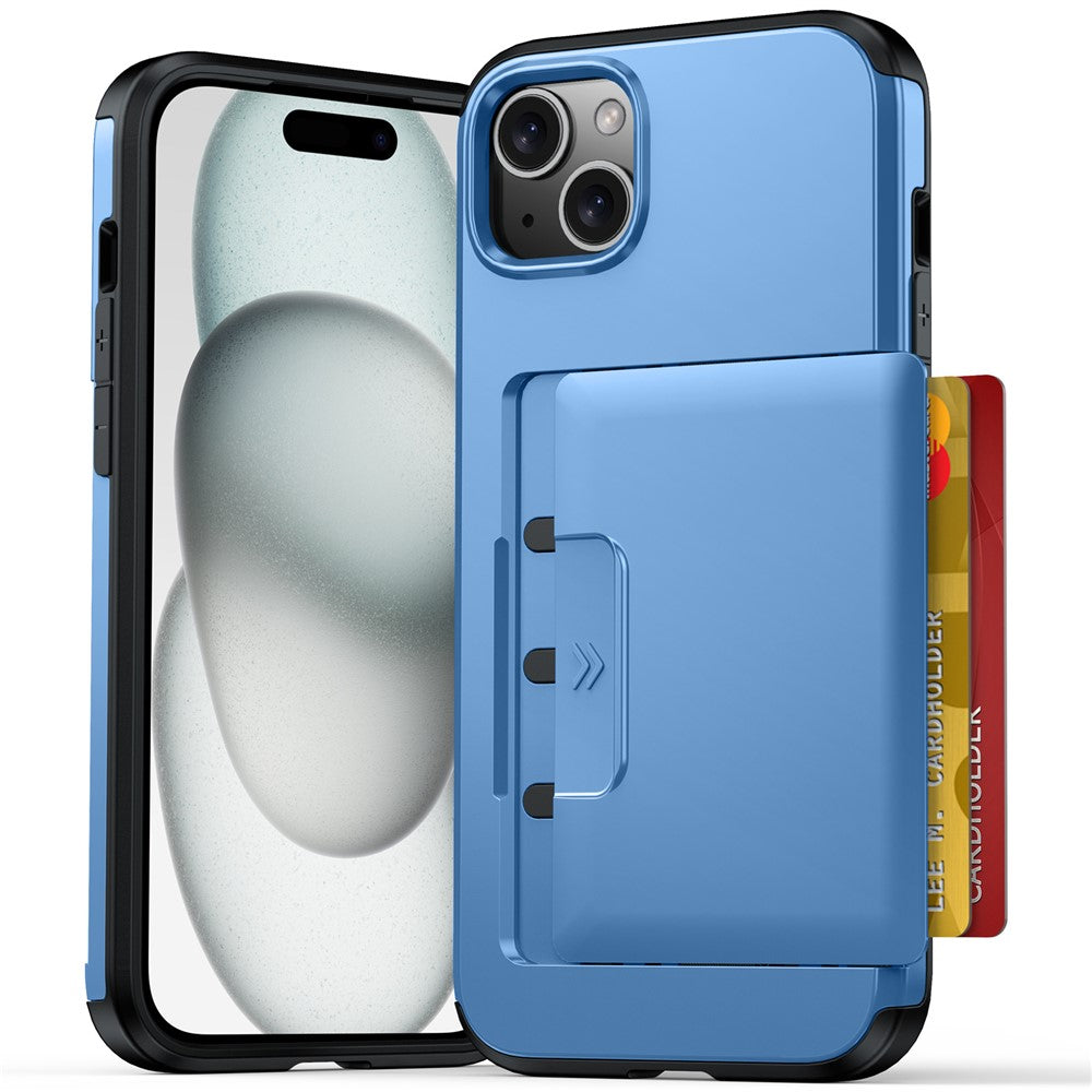 For iPhone 13  /  14 Case Slide Card Holder Military Drop Protection PC + TPU Phone Cover