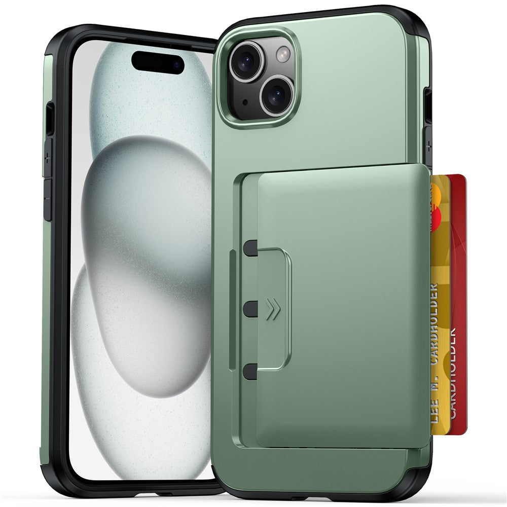 For iPhone 13  /  14 Case Slide Card Holder Military Drop Protection PC + TPU Phone Cover