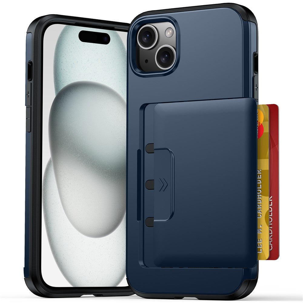 For iPhone 13  /  14 Case Slide Card Holder Military Drop Protection PC + TPU Phone Cover