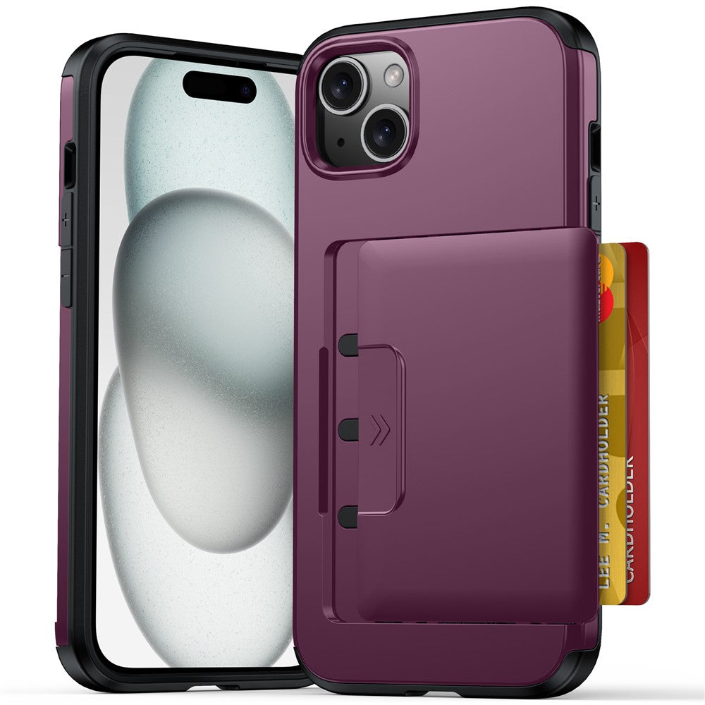 For iPhone 13  /  14 Case Slide Card Holder Military Drop Protection PC + TPU Phone Cover