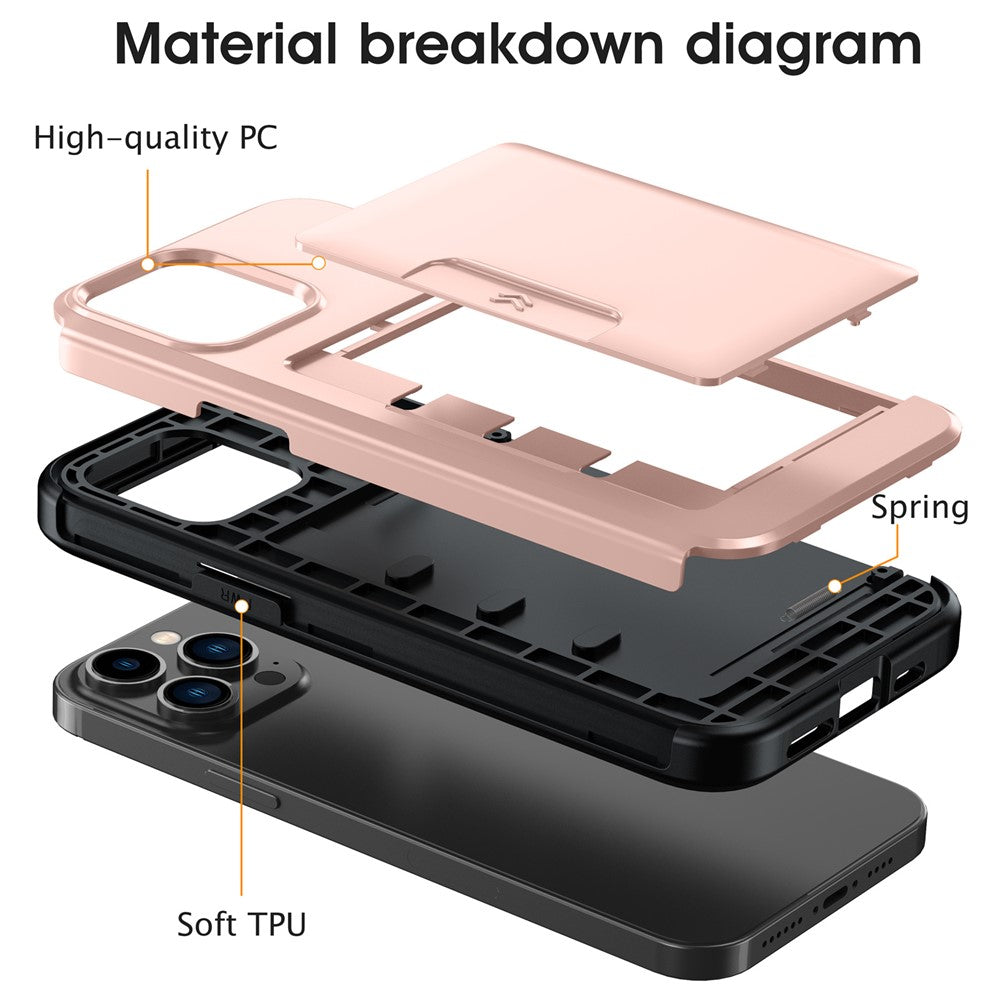 For iPhone 14 Pro Max Case Slide Card Holder Military Drop Protection PC + TPU Phone Cover