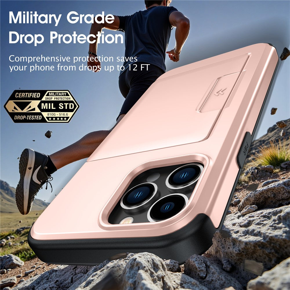 For iPhone 13 Pro Case Slide Card Holder Military Drop Protection PC + TPU Phone Cover