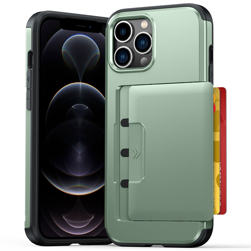 For iPhone 13 Pro Case Slide Card Holder Military Drop Protection PC + TPU Phone Cover