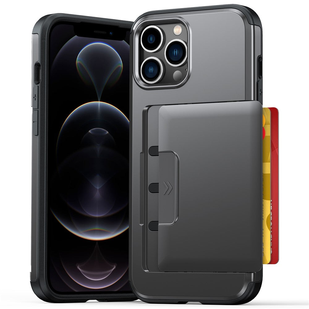 For iPhone 13 Pro Case Slide Card Holder Military Drop Protection PC + TPU Phone Cover