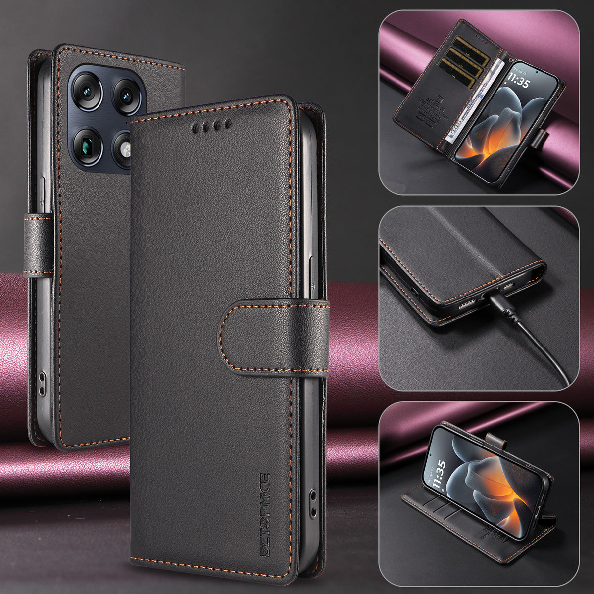 BETOPNICE för Motorola Signature 5G / Motorola Moto X70 Air Pro 5G 006 Fodral RFID-blockerande plånboksfodral i läder med handledsrem