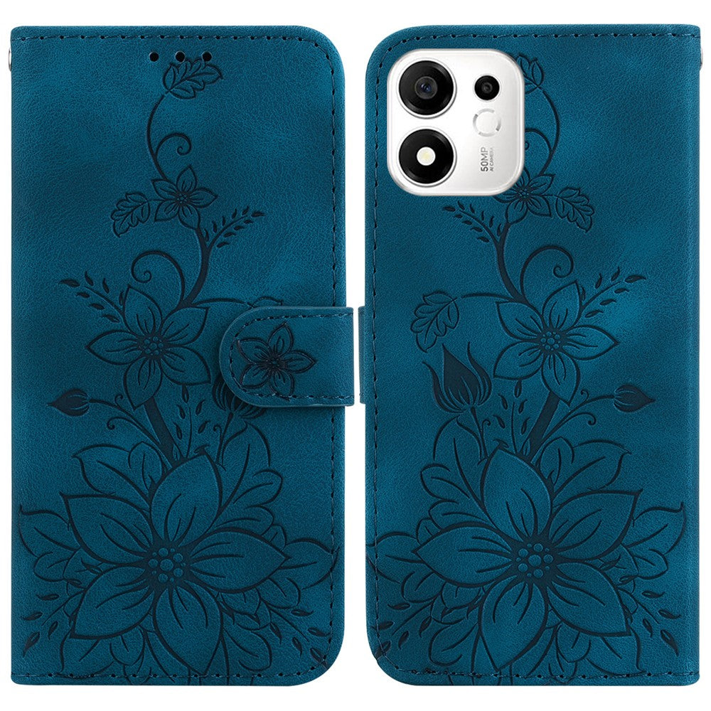 For Honor 600 Smart 5G  /  X7e Plus 5G Stand Case Lily Flower Imprint Leather Phone Cover with Wrist Strap