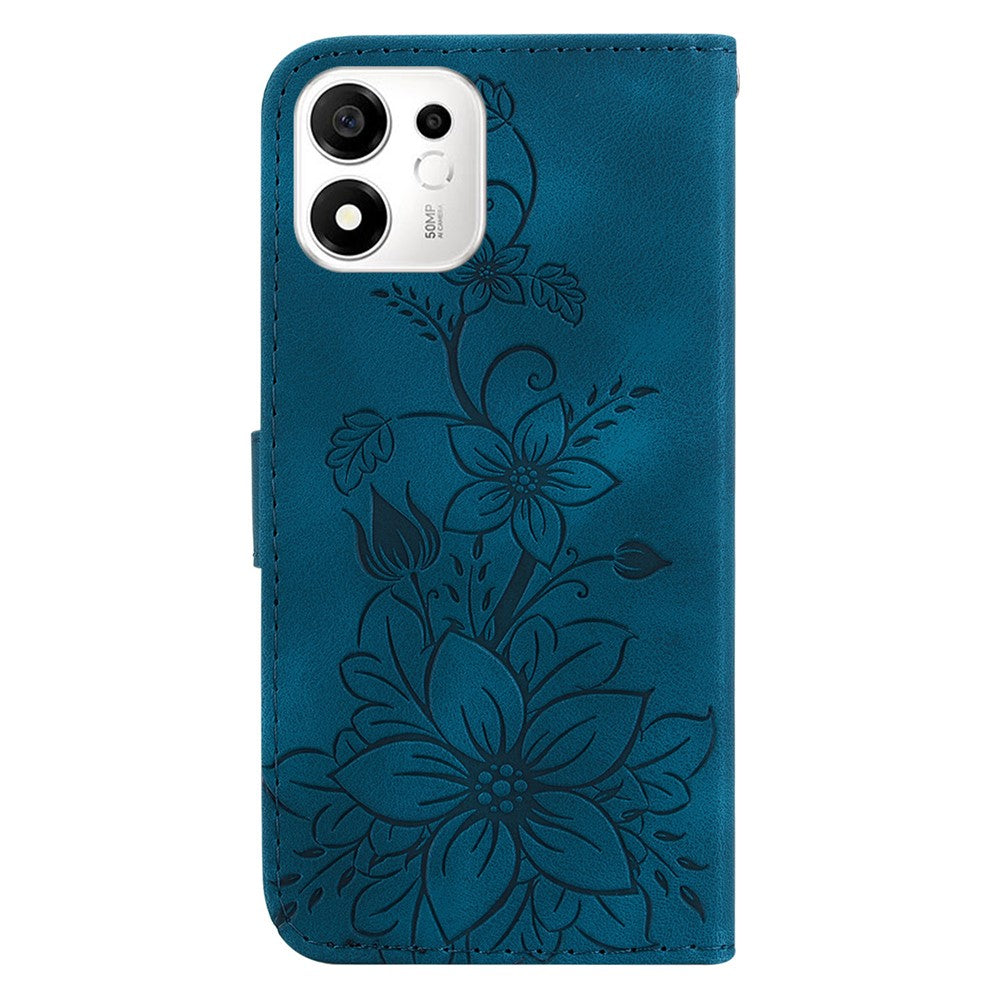 For Honor 600 Smart 5G  /  X7e Plus 5G Stand Case Lily Flower Imprint Leather Phone Cover with Wrist Strap