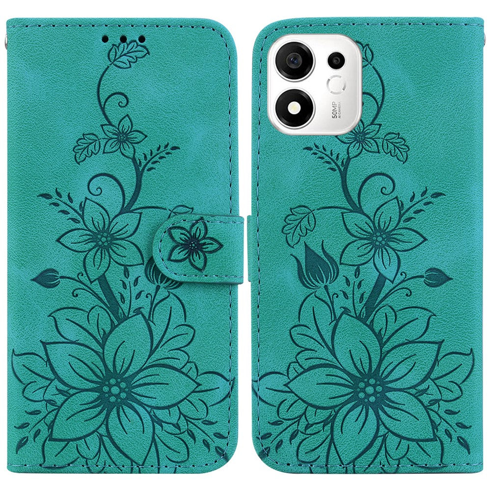 For Honor 600 Smart 5G  /  X7e Plus 5G Stand Case Lily Flower Imprint Leather Phone Cover with Wrist Strap