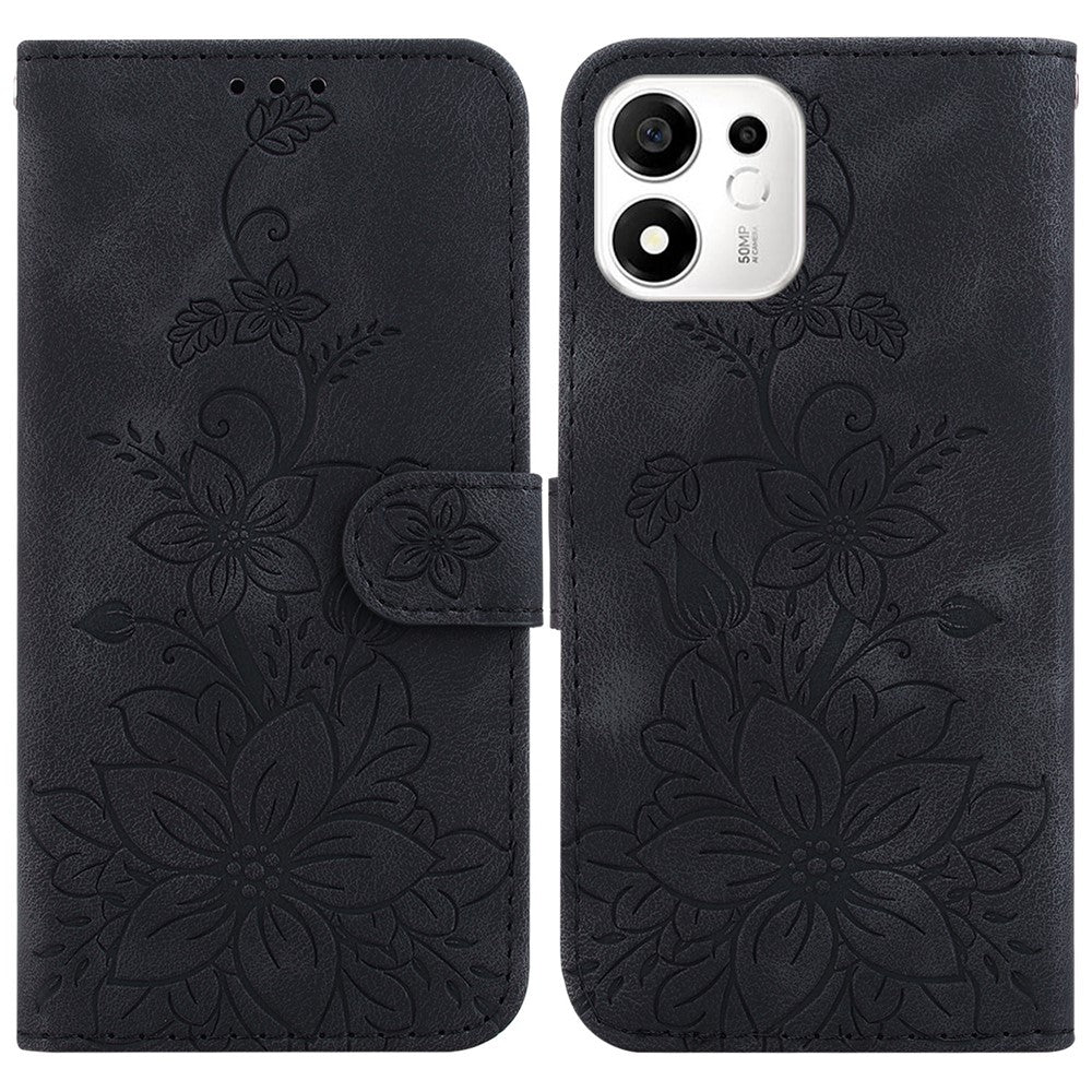 For Honor 600 Smart 5G  /  X7e Plus 5G Stand Case Lily Flower Imprint Leather Phone Cover with Wrist Strap