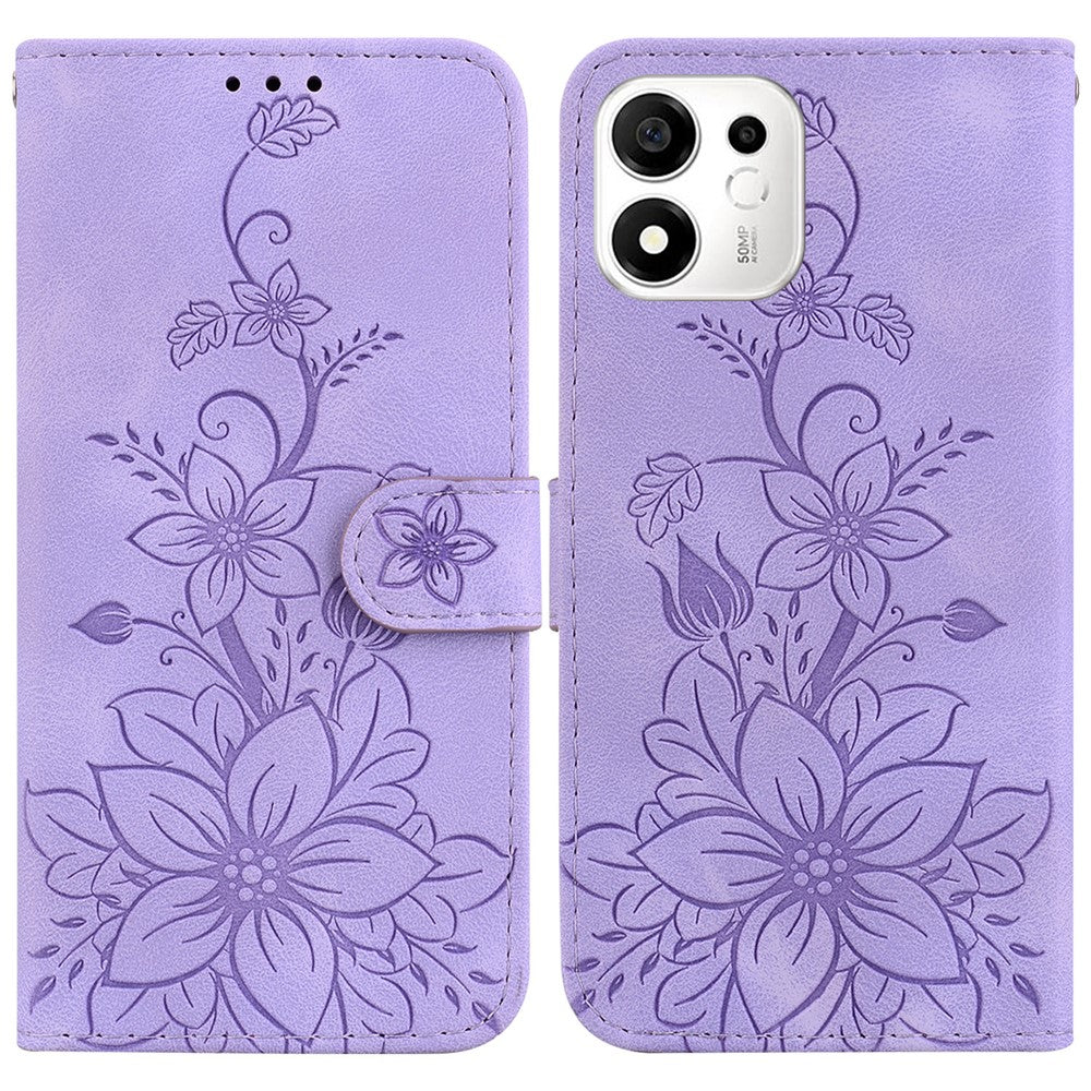 For Honor 600 Smart 5G  /  X7e Plus 5G Stand Case Lily Flower Imprint Leather Phone Cover with Wrist Strap