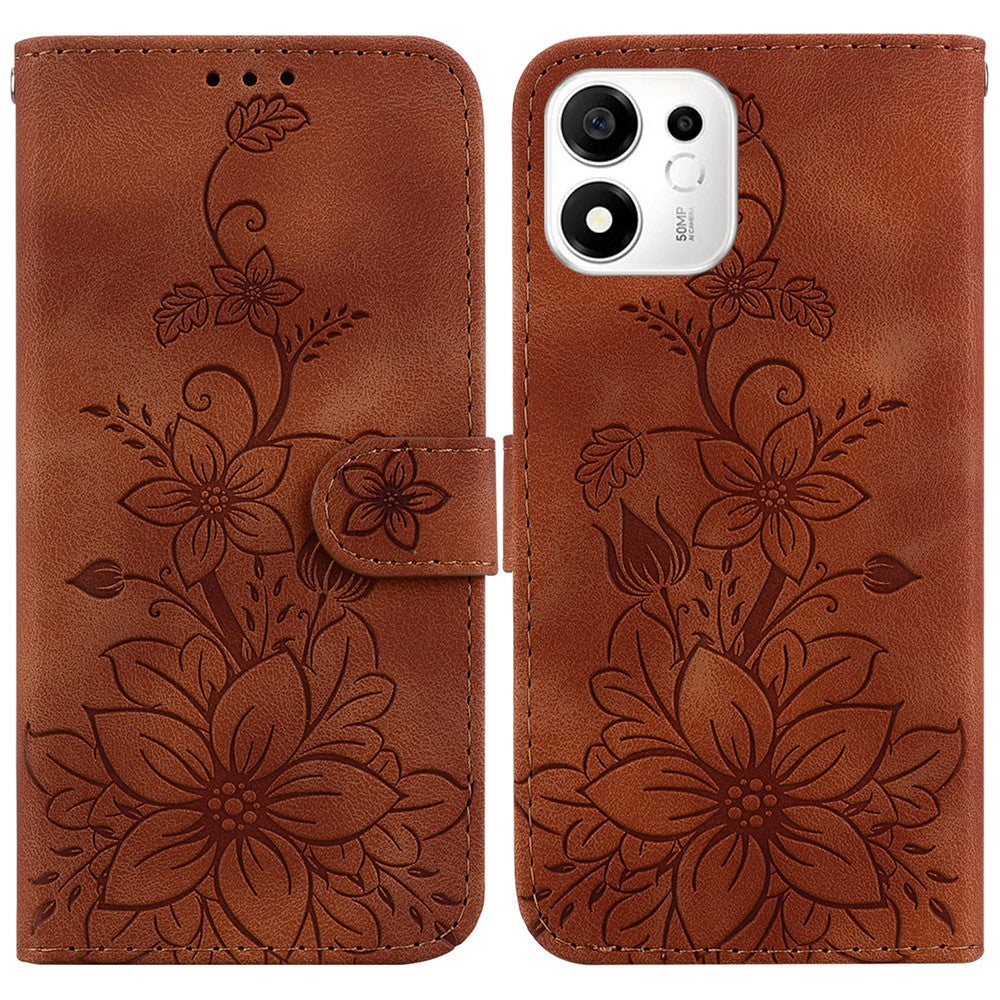 For Honor 600 Smart 5G  /  X7e Plus 5G Stand Case Lily Flower Imprint Leather Phone Cover with Wrist Strap