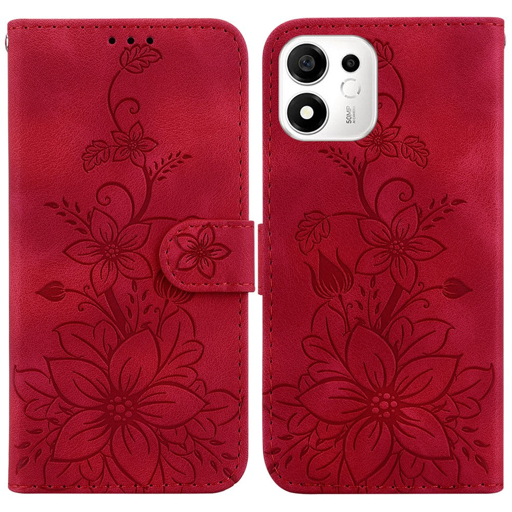 For Honor 600 Smart 5G  /  X7e Plus 5G Stand Case Lily Flower Imprint Leather Phone Cover with Wrist Strap