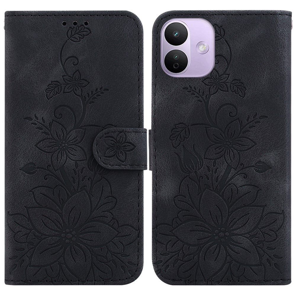 For Xiaomi Redmi Note 17 Pro 5G Stand Case Lily Flower Imprint Leather Phone Cover with Wrist Strap