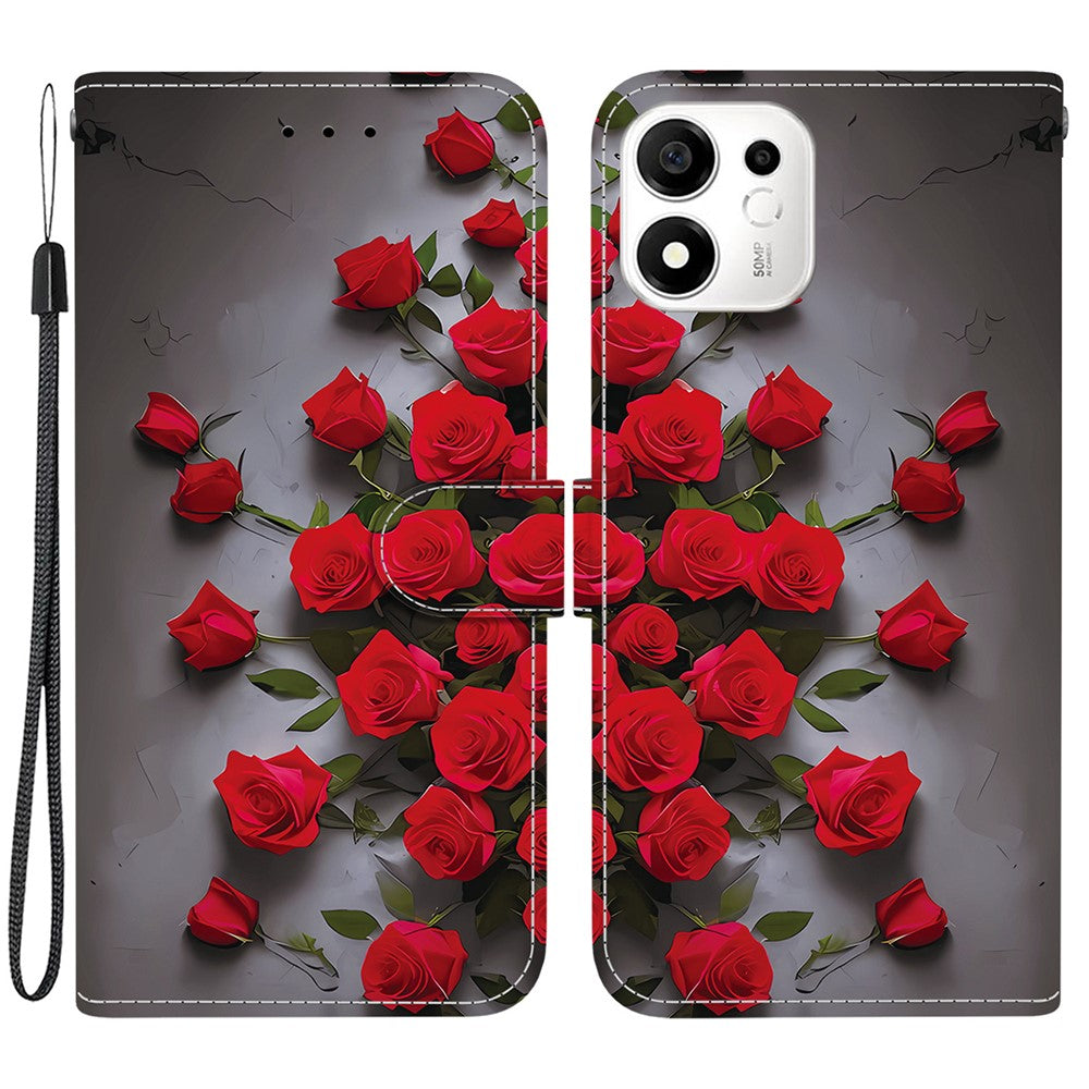 Til Honor 600 Smart 5G / X7e Plus 5G Læder Cover med Stativ Pung Mønsterprint Telefoncover med Håndledsrem