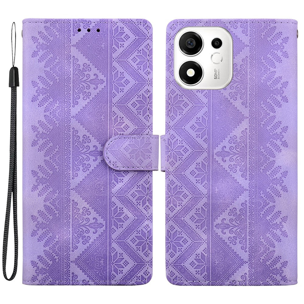 For Honor 600 Smart 5G  /  X7e Plus 5G Wallet Case Imprinted Ethnic Pattern Leather Phone Cover with Wrist Strap