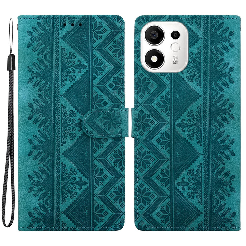 For Honor 600 Smart 5G  /  X7e Plus 5G Wallet Case Imprinted Ethnic Pattern Leather Phone Cover with Wrist Strap