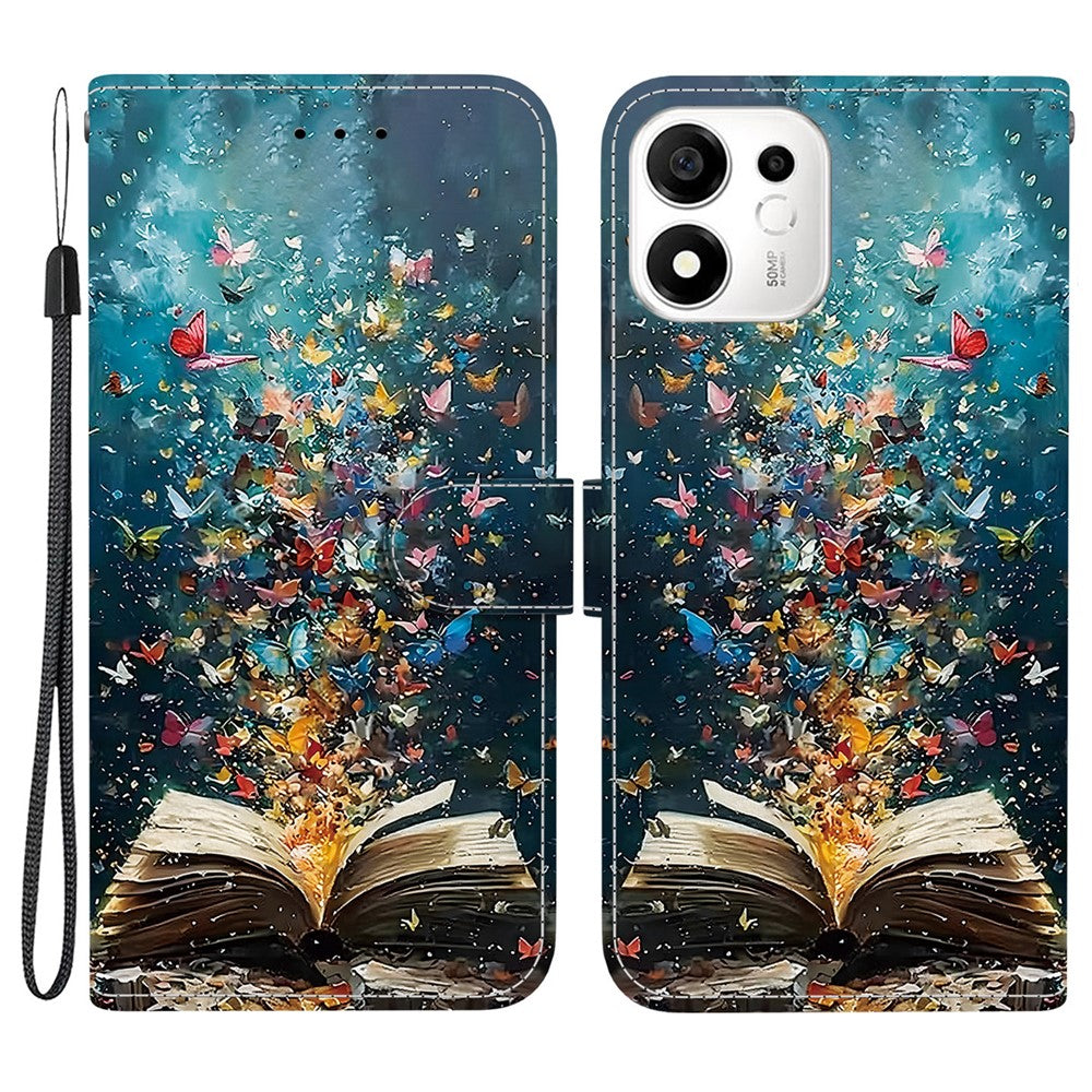 Til Honor 600 Smart 5G / X7e Plus 5G etui mønstertryk PU-læderpung flip stand telefoncover med håndledsrem