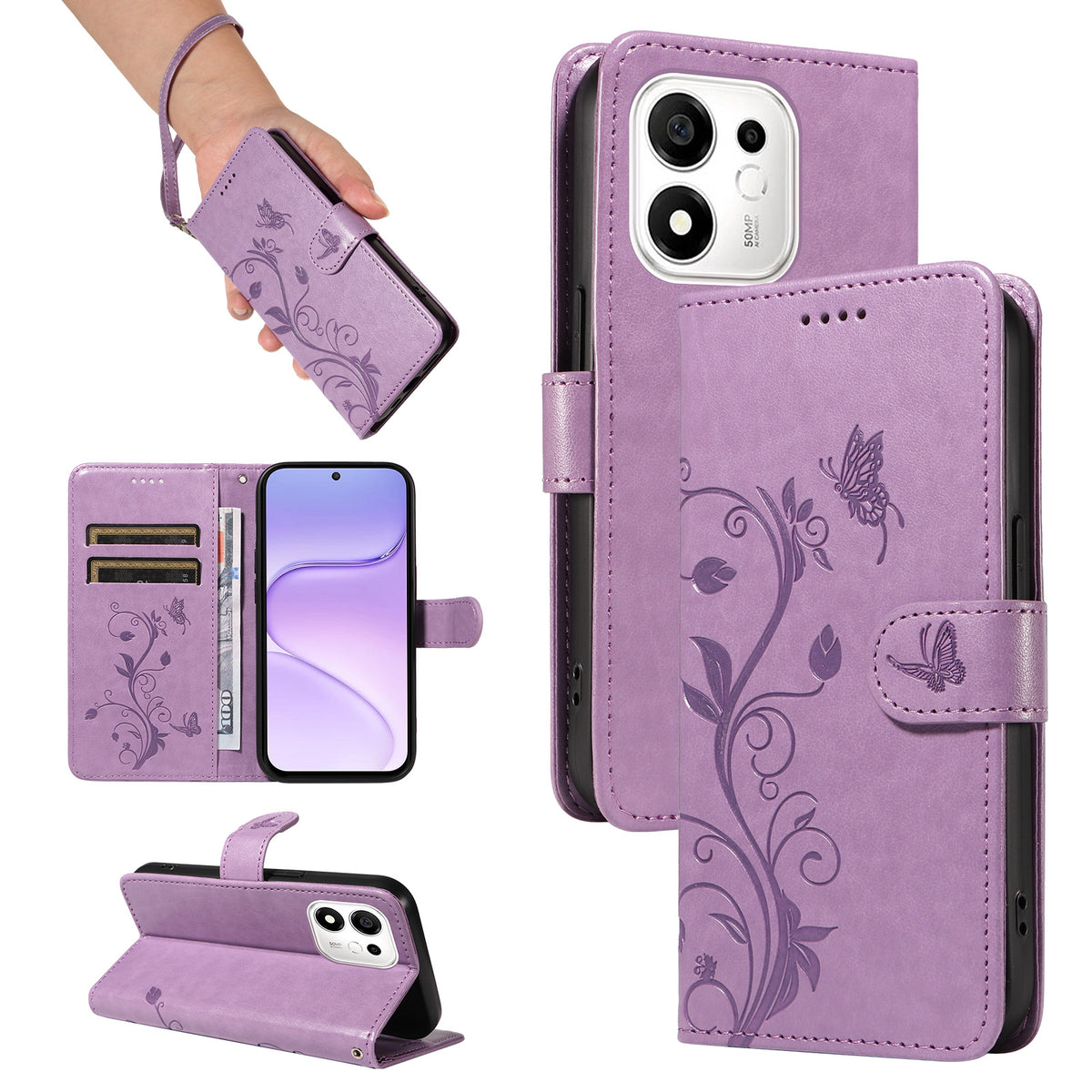 Honor 600 Smart 5G / Honor X7e Plus 5G PU-læderetuier Blomstermønster Pung Stander Telefoncover med rem