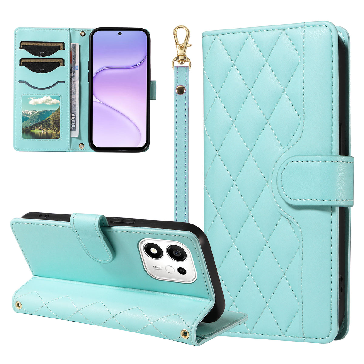 For Honor 600 Smart 5G / Honor X7e Plus 5G Wallet Case Rhombus Leather Phone Cover with Strap
