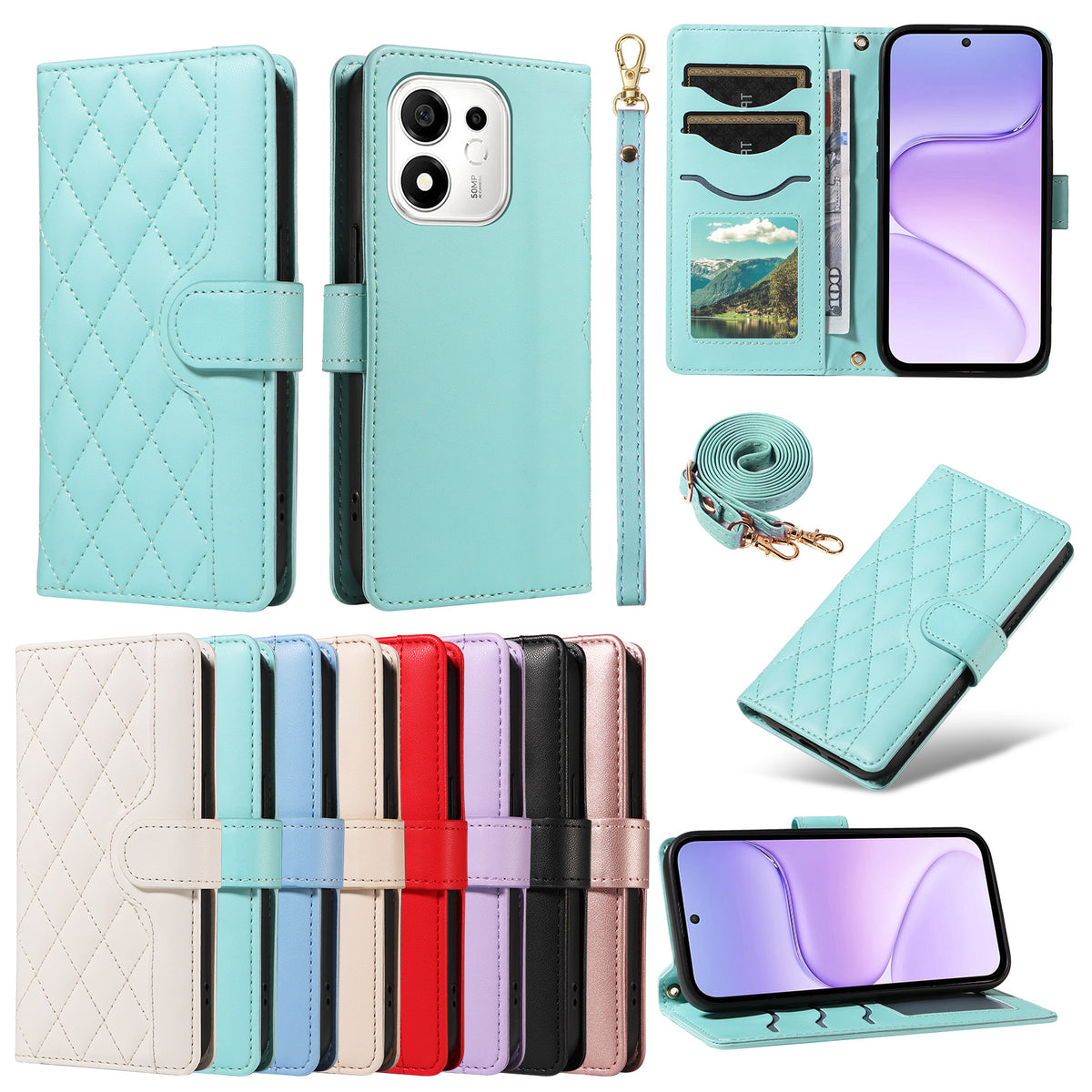 For Honor 600 Smart 5G / Honor X7e Plus 5G Wallet Case Rhombus Leather Phone Cover with Strap