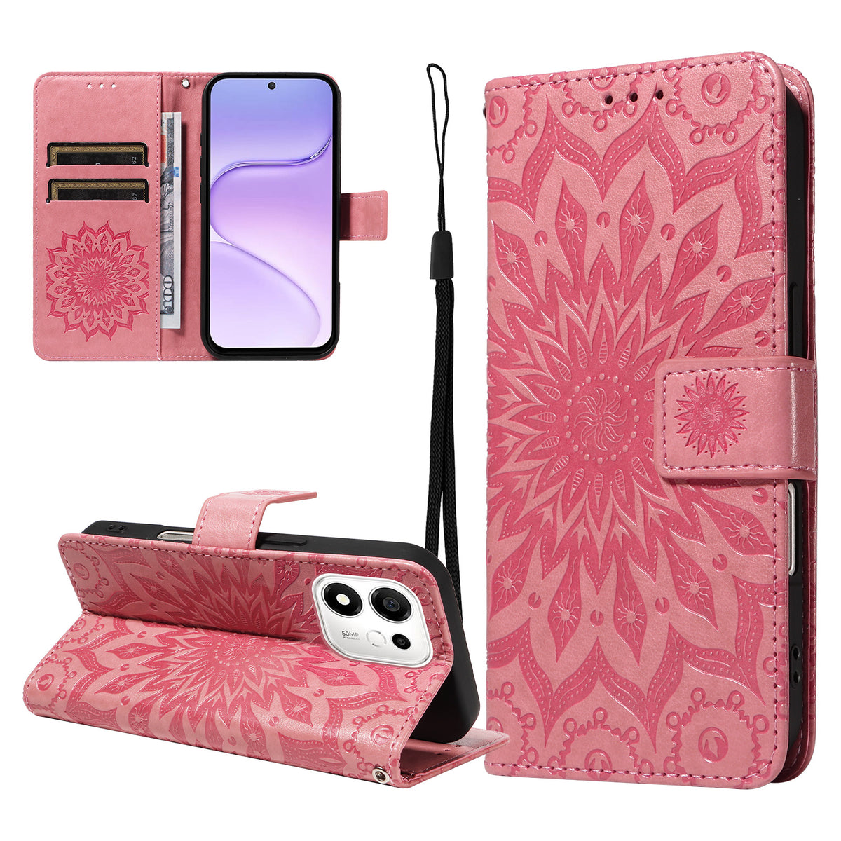 For Honor 600 Smart 5G / Honor X7e Plus 5G Leather Wallet Case Sunflower Imprinted Phone Cover