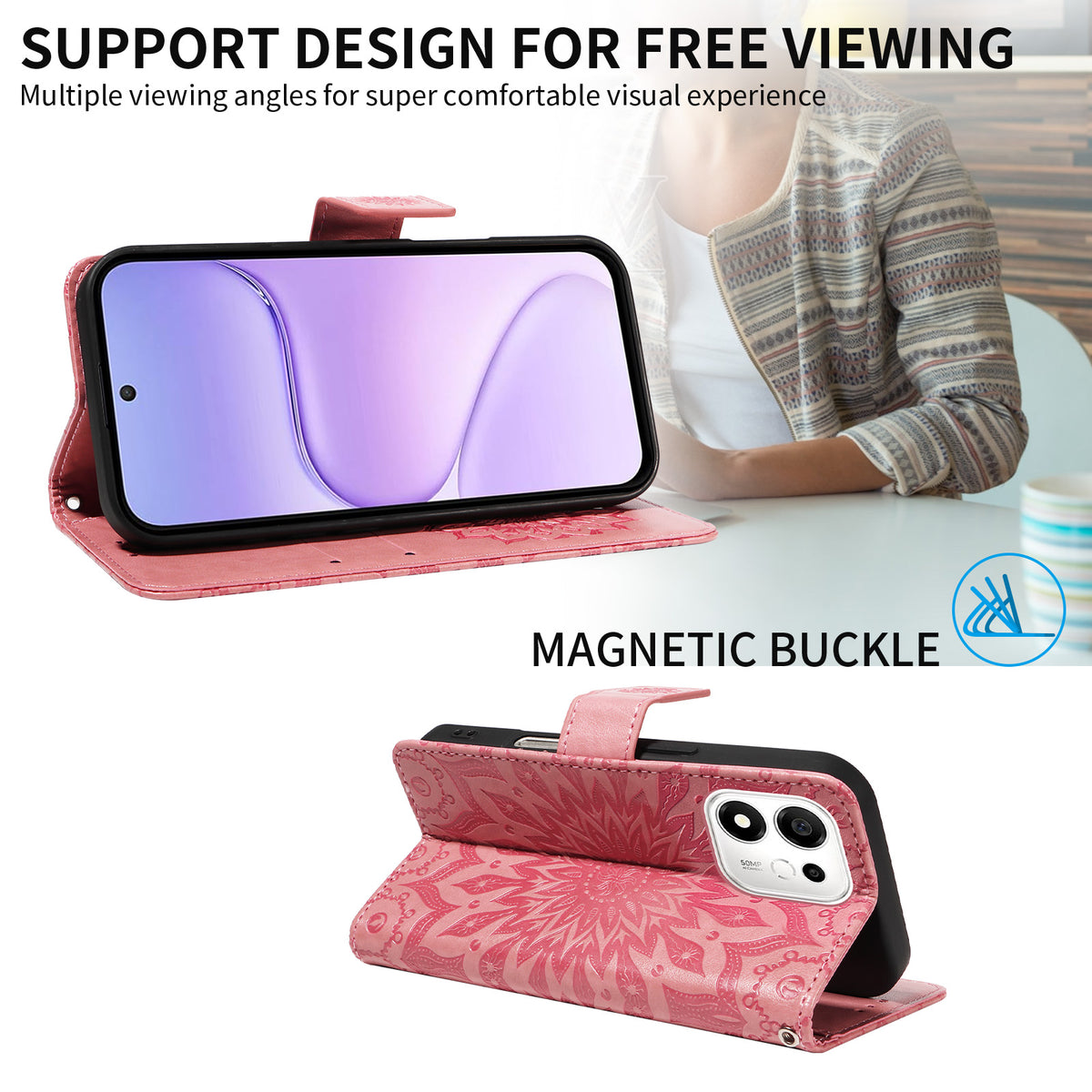For Honor 600 Smart 5G / Honor X7e Plus 5G Leather Wallet Case Sunflower Imprinted Phone Cover