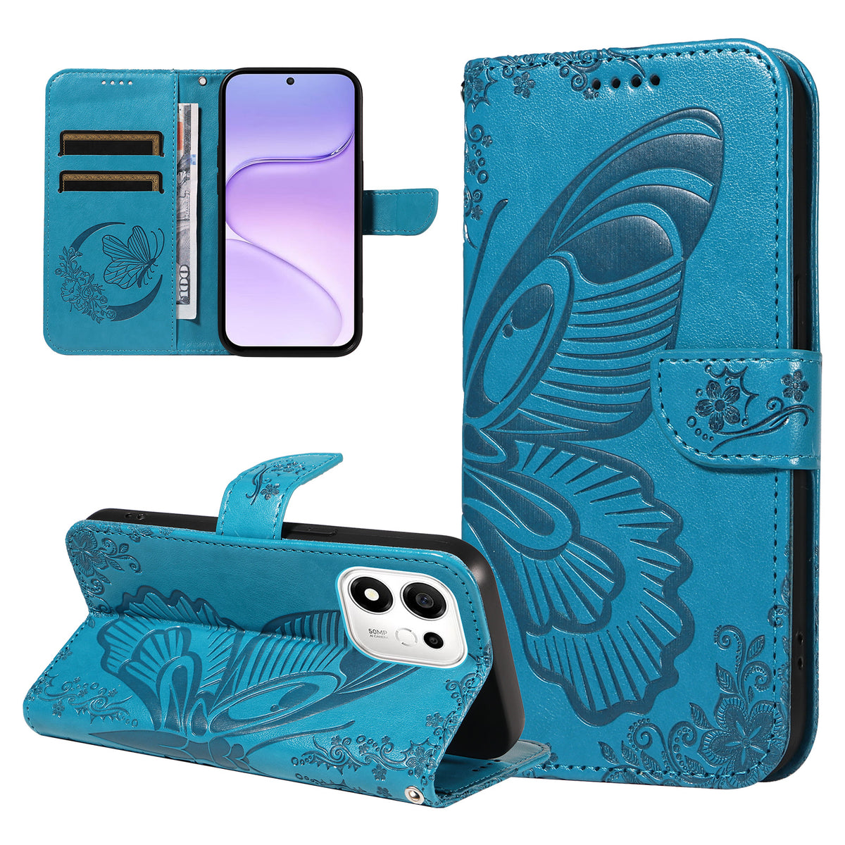 Til Honor X7e Plus 5G / Honor 600 Smart 5G Etui Sommerfuglemønster PU-læder Folio Flip Telefoncover