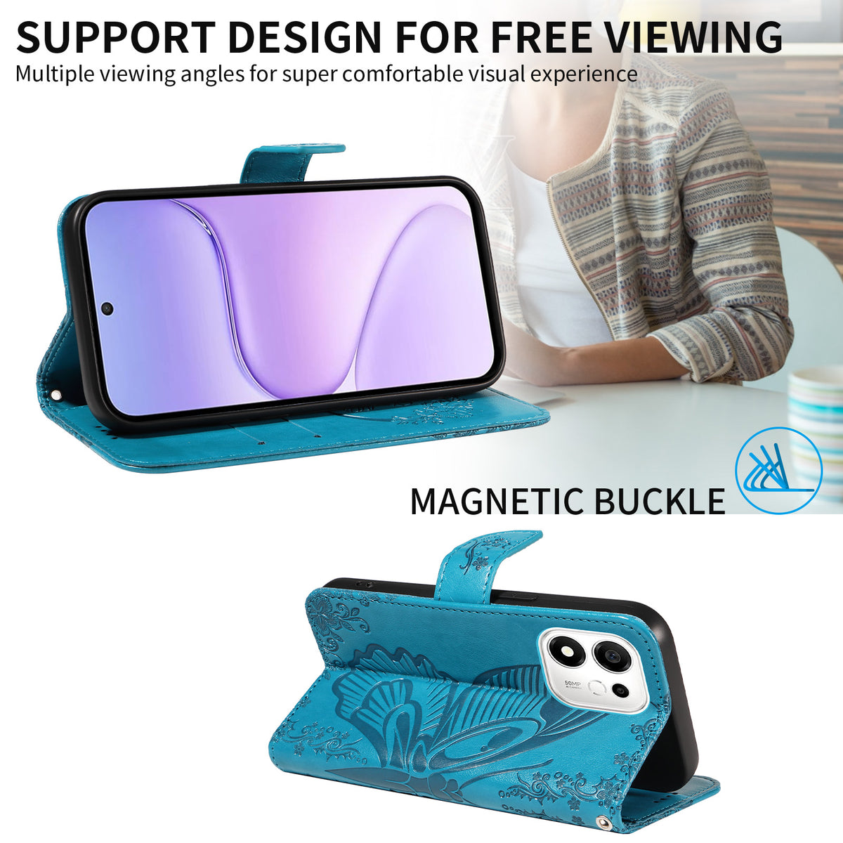 Til Honor X7e Plus 5G / Honor 600 Smart 5G Etui Sommerfuglemønster PU-læder Folio Flip Telefoncover