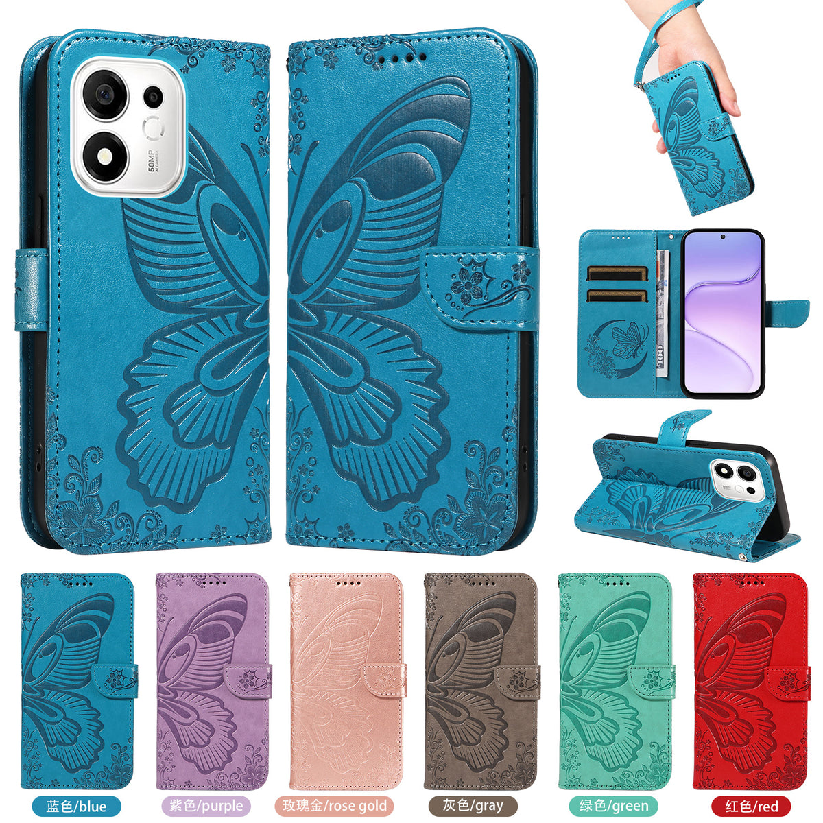Til Honor X7e Plus 5G / Honor 600 Smart 5G Etui Sommerfuglemønster PU-læder Folio Flip Telefoncover