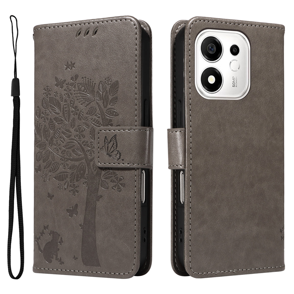 For Honor 600 Smart 5G / Honor X7e Plus 5G Phone Case with Stand Cat Tree Pattern Leather Wallet Mobile Cover