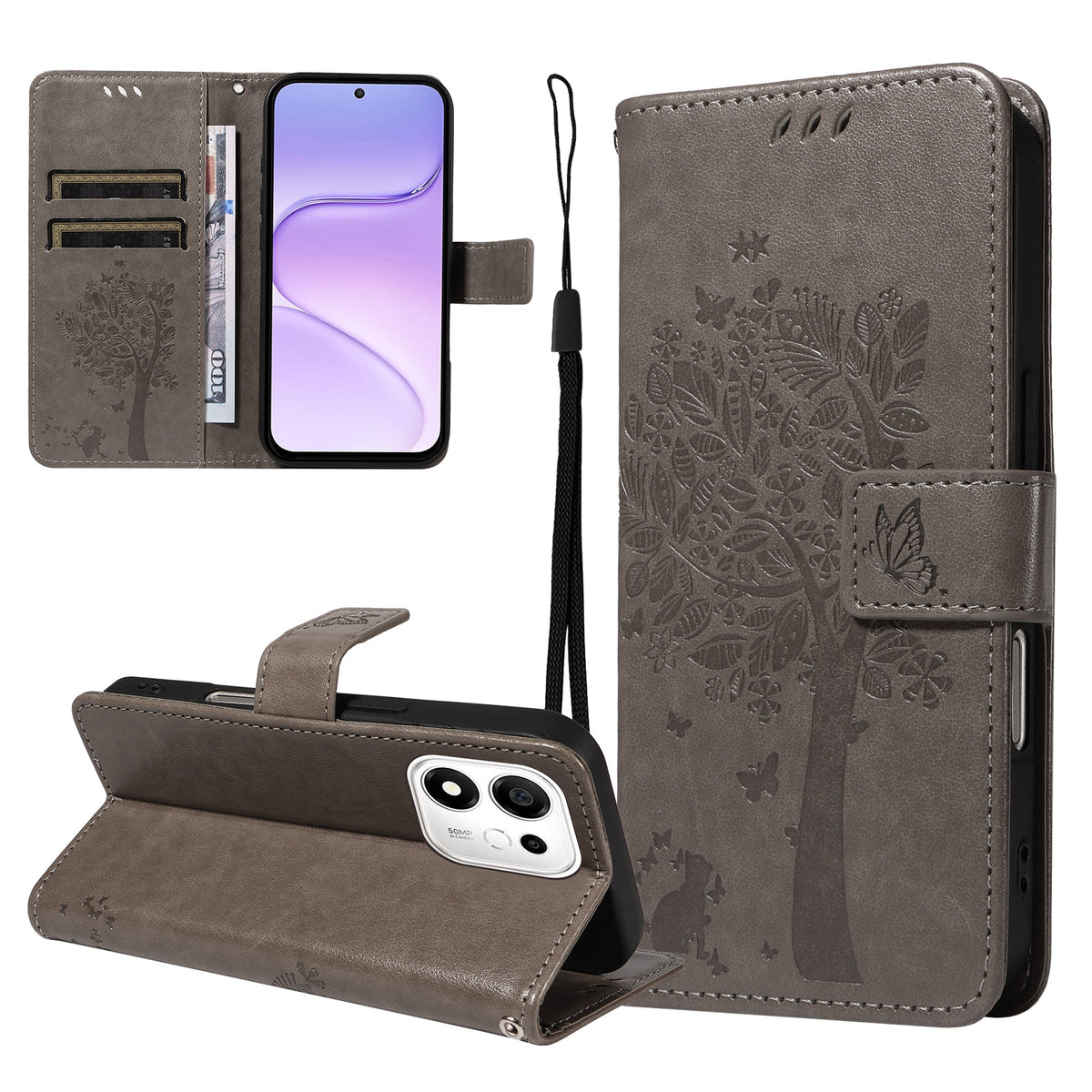 For Honor 600 Smart 5G / Honor X7e Plus 5G Phone Case with Stand Cat Tree Pattern Leather Wallet Mobile Cover