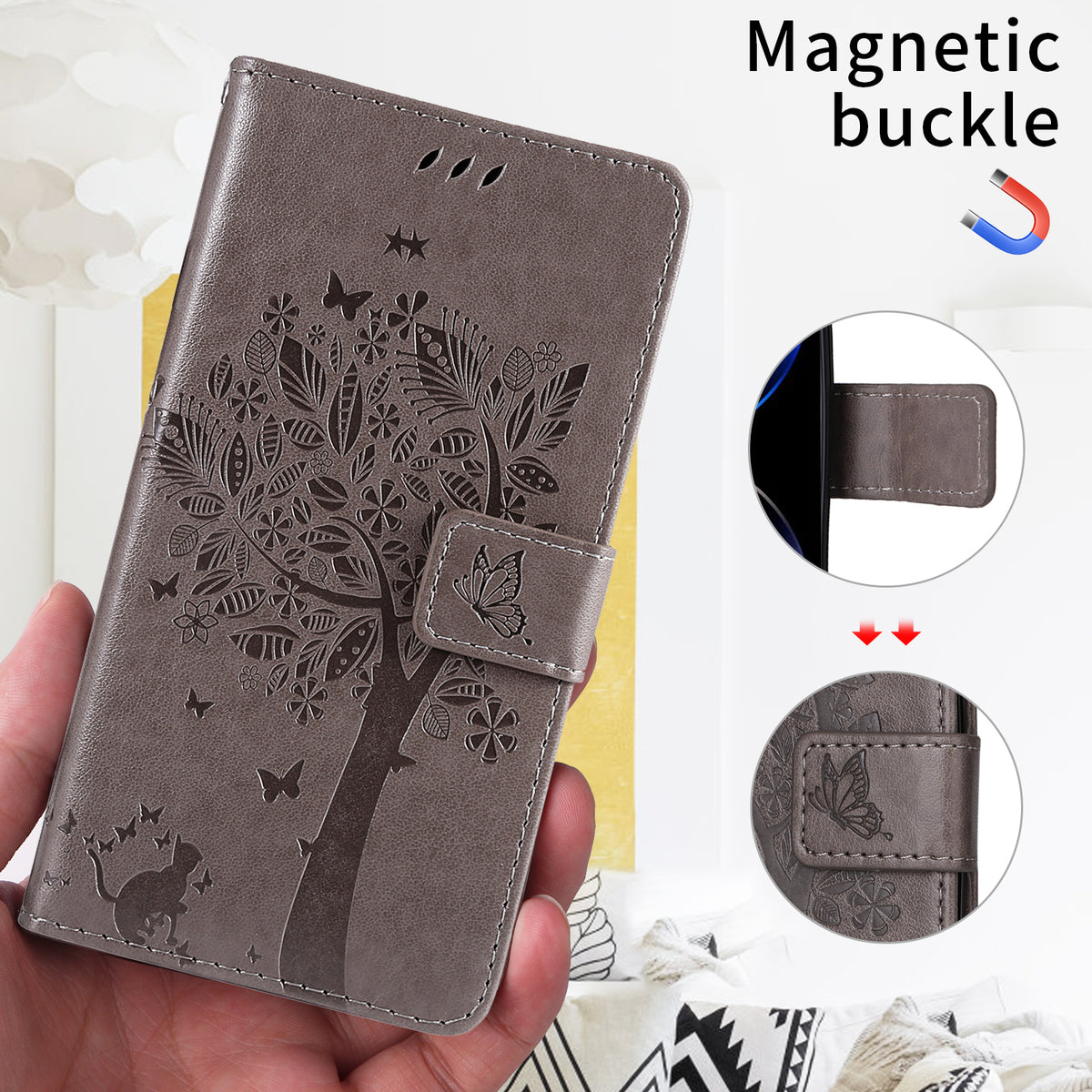 For Honor 600 Smart 5G / Honor X7e Plus 5G Phone Case with Stand Cat Tree Pattern Leather Wallet Mobile Cover