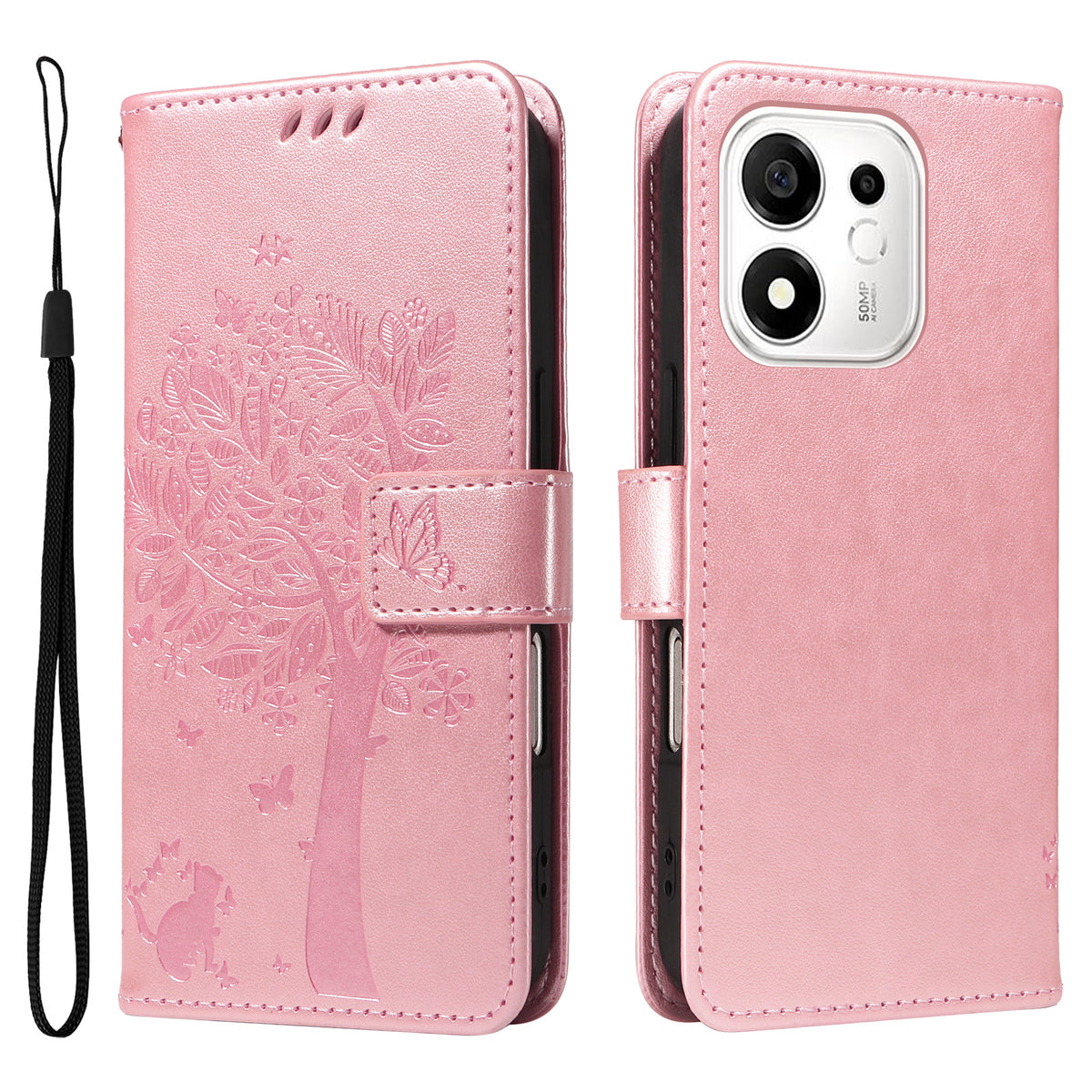 For Honor 600 Smart 5G / Honor X7e Plus 5G Phone Case with Stand Cat Tree Pattern Leather Wallet Mobile Cover