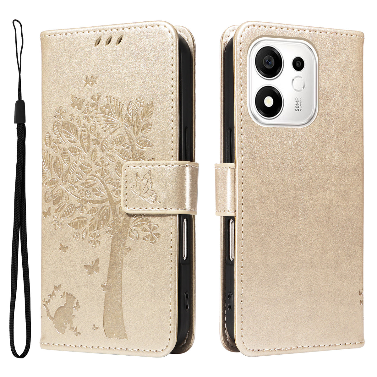 For Honor 600 Smart 5G / Honor X7e Plus 5G Phone Case with Stand Cat Tree Pattern Leather Wallet Mobile Cover