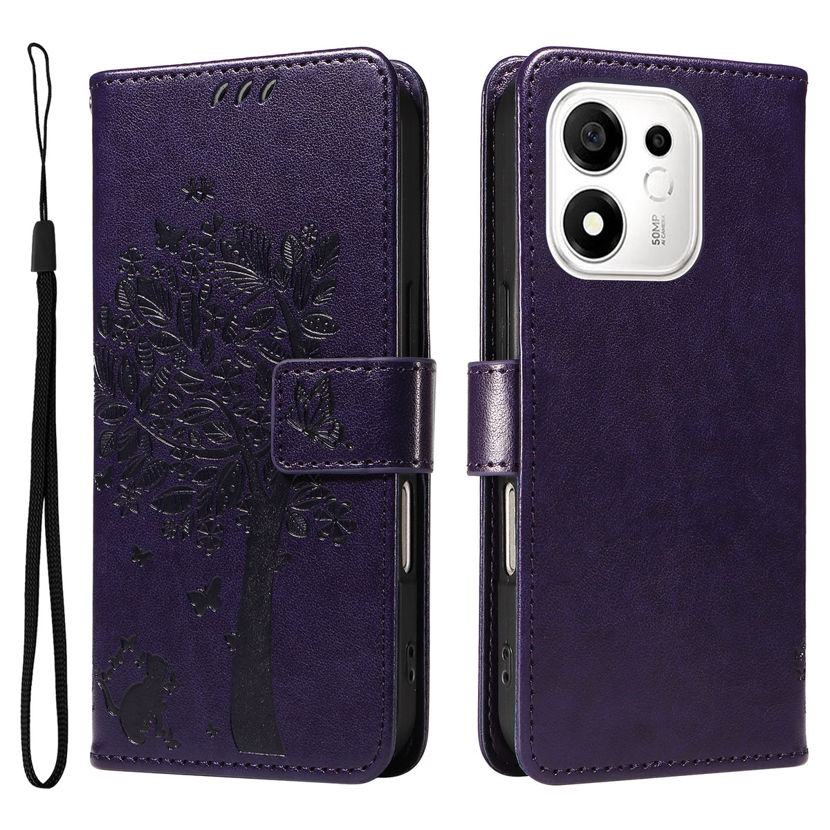 For Honor 600 Smart 5G / Honor X7e Plus 5G Phone Case with Stand Cat Tree Pattern Leather Wallet Mobile Cover