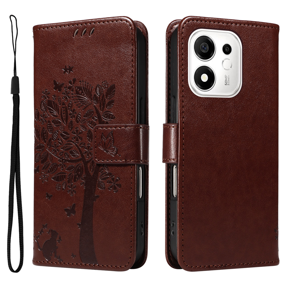 For Honor 600 Smart 5G / Honor X7e Plus 5G Phone Case with Stand Cat Tree Pattern Leather Wallet Mobile Cover