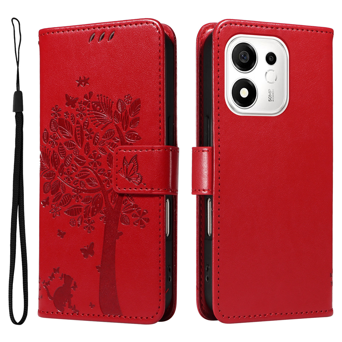 For Honor 600 Smart 5G / Honor X7e Plus 5G Phone Case with Stand Cat Tree Pattern Leather Wallet Mobile Cover