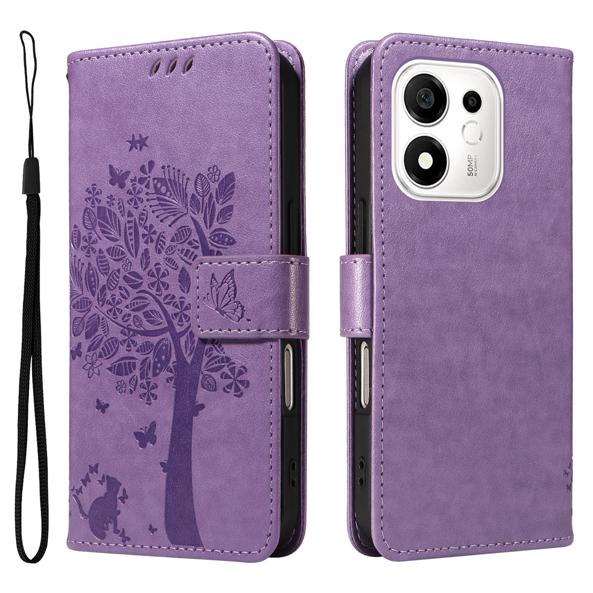 For Honor 600 Smart 5G / Honor X7e Plus 5G Phone Case with Stand Cat Tree Pattern Leather Wallet Mobile Cover