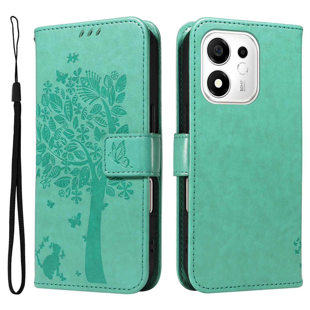 For Honor 600 Smart 5G / Honor X7e Plus 5G Phone Case with Stand Cat Tree Pattern Leather Wallet Mobile Cover