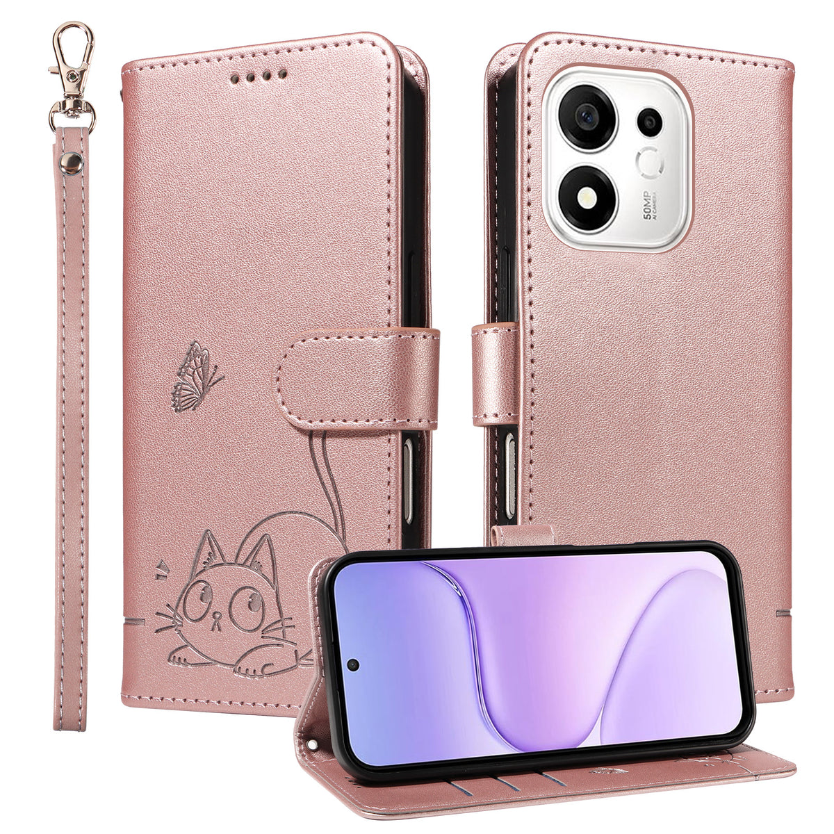 For Honor 600 Smart 5G / Honor X7e Plus 5G Case Cat Pattern Imprint Leather Phone Cover with Wrist Strap