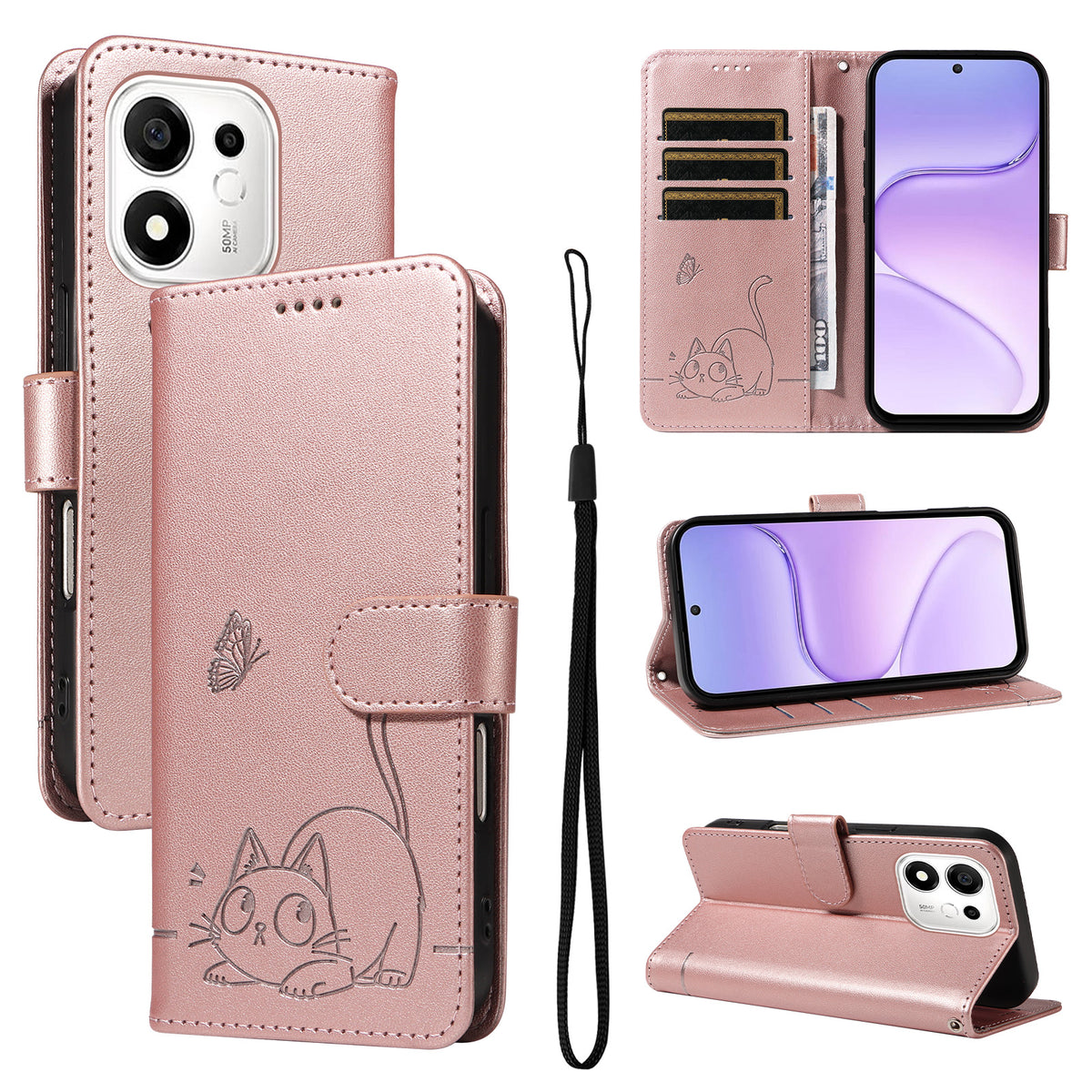 For Honor 600 Smart 5G / Honor X7e Plus 5G Case Cat Pattern Imprint Leather Phone Cover with Wrist Strap
