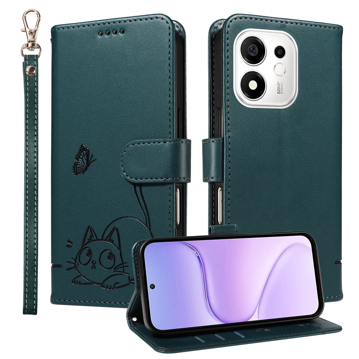 For Honor 600 Smart 5G / Honor X7e Plus 5G Case Cat Pattern Imprint Leather Phone Cover with Wrist Strap