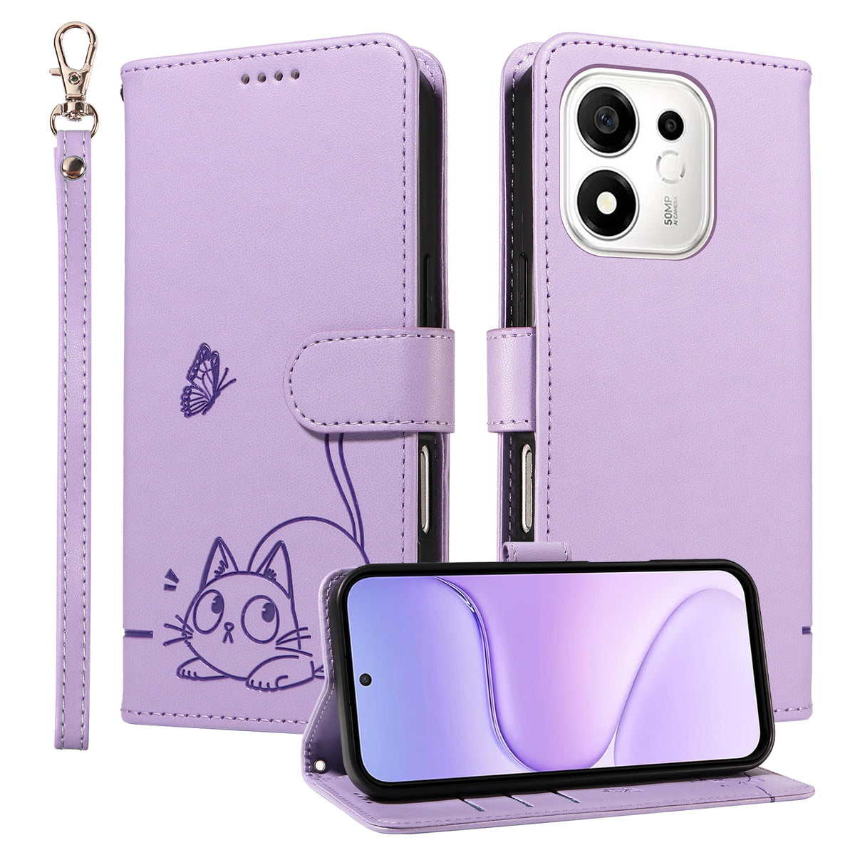 For Honor 600 Smart 5G / Honor X7e Plus 5G Case Cat Pattern Imprint Leather Phone Cover with Wrist Strap