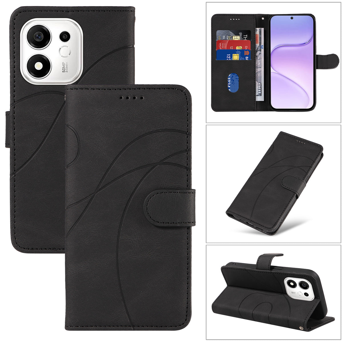 For Honor X7e Plus 5G / Honor 600 Smart 5G Wallet Case Leather Phone Cover Stand with Curved Line Design