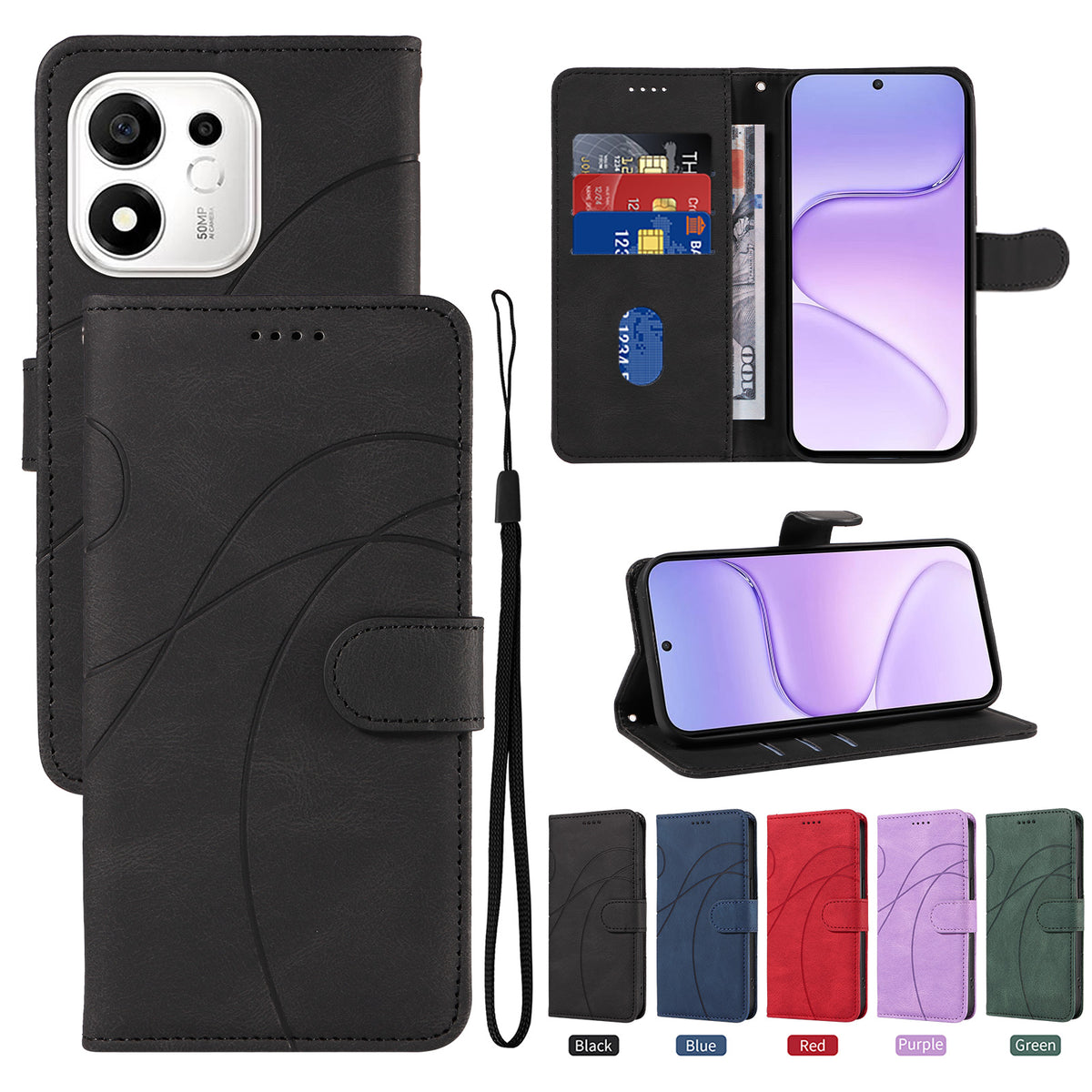 For Honor X7e Plus 5G / Honor 600 Smart 5G Wallet Case Leather Phone Cover Stand with Curved Line Design