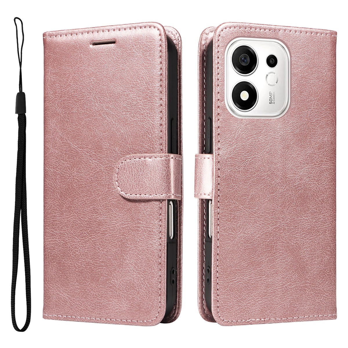 For Honor 600 Smart 5G / Honor X7e Plus 5G Leather Wallet Case with Strap Solid Color Phone Stand Cover