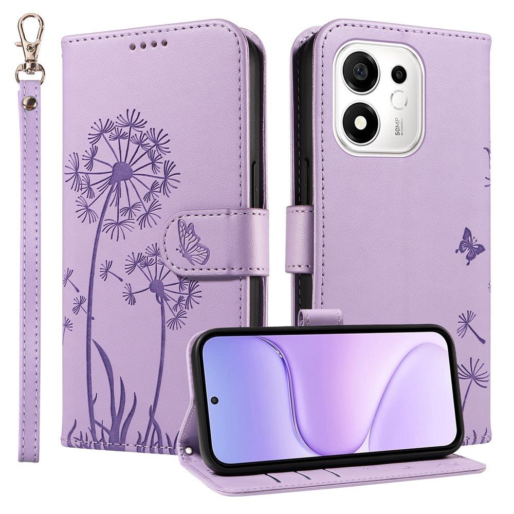 Honor 600 Smart 5G / Honor X7e Plus 5G Læderpung Etui med Rem Mælkebøtteaftryk Telefonstativ Cover