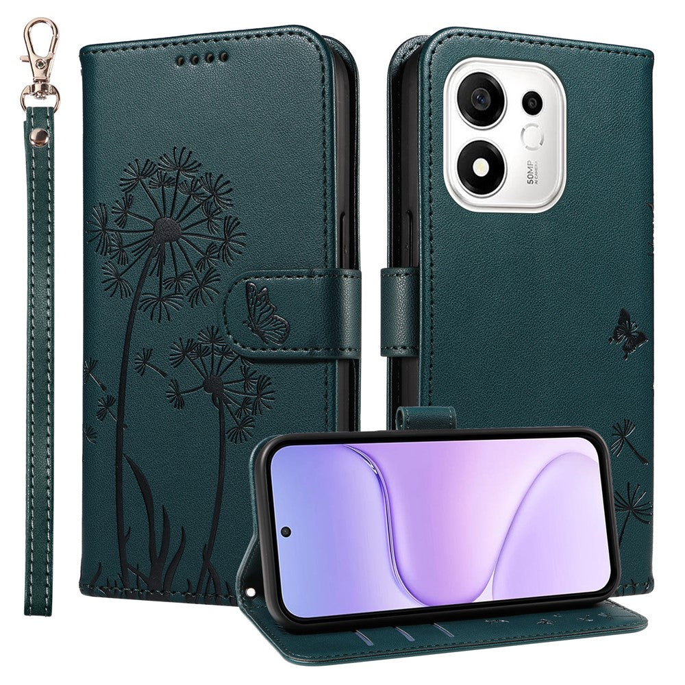 Honor 600 Smart 5G / Honor X7e Plus 5G Læderpung Etui med Rem Mælkebøtteaftryk Telefonstativ Cover